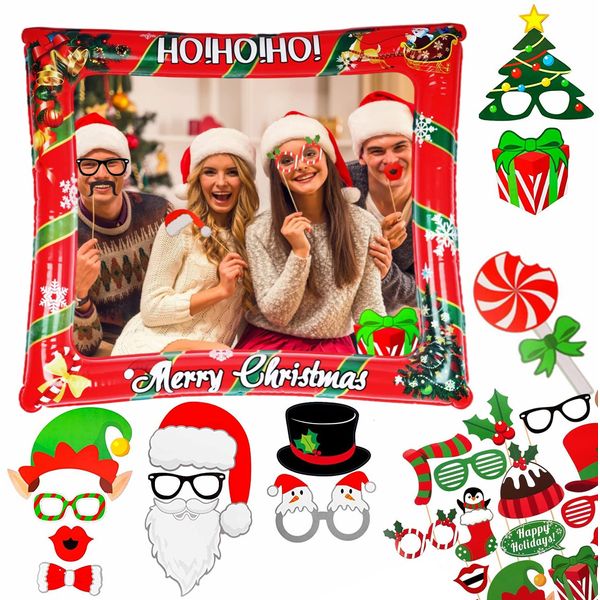 Christmas Inflatable Photo Booth with 32Pcs Photo Booth Props Selfie Picture Frame for Christmas Family Party,Giant Props Frame Celebration Blow Up Party Prop,Christmas Party Game Accessories Supply