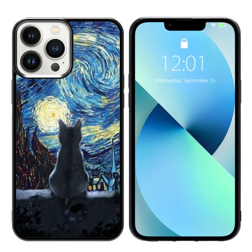 Black Cute Cat iPhone 13 Pro Max Case - 6.7 Inch Van Gogh Cute Cat iPhone Case, Non-Slip Pattern Design and Shock Absorption, Soft Silica Gel Frame Support Black Phone Case for Teen Girls and Sisters