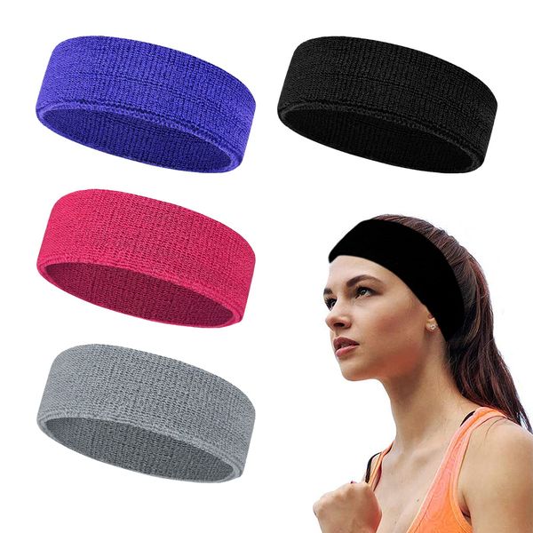 4 Stück Polyester Baumwolle Stirnband Sportzubehör Rutschfestes Gummiband Männer und Frauen Geeignet für Outdoor-Sportarten Tennis Yoga