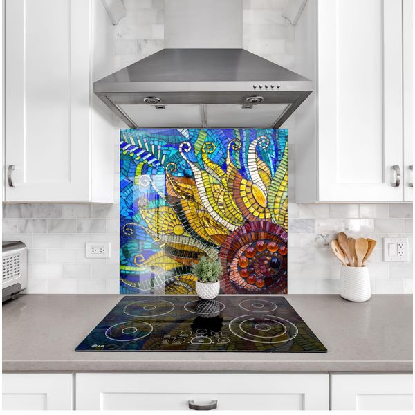 Myphotostation.com 40Wx20H''Tempered Glass Backsplash Tile Solid Wall Protection Kitchen Backsplash Stained Splashback Kitchen Decoration Mosaic Backsplash Ceramic Tile