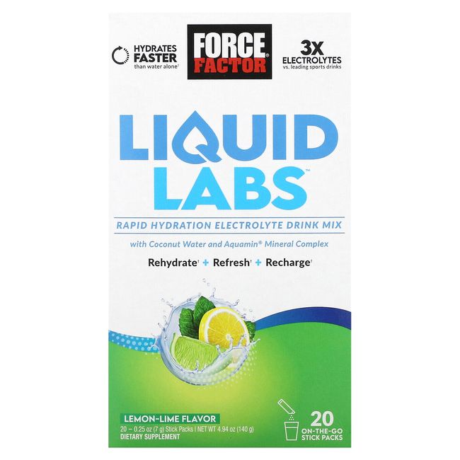 Liquid Labs, Rapid Hydration Electrolyte Drink Mix, Lemon-Lime, 20 Stick Packs,