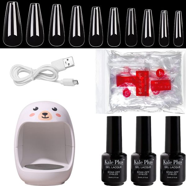 TEEROVA Nail Tips and Glue Gel Kit, Nail Glue Top Coat and Base Coat Set with 500Pcs Coffin False Nails and UV LED Nail Lamp DIY Nail Art Acrylic Nail Kit for Beginner