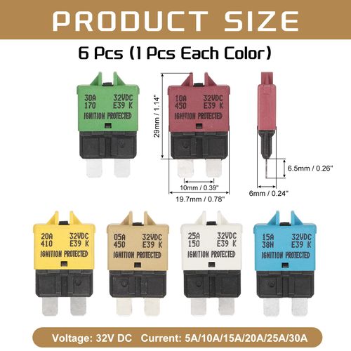 DMiotech 6 Pack Manual Mini Reset Fuse, 32V DC 5A 10A 15A 20A 25A 30A ATC/ATO Auto Circuit Breaker Reset Fuses Low Profile Blade Fuses for Car Truck SUV Marine Boat Motorcycle, 6 Color