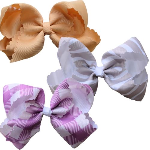 Fifi & Ry Premium Handmade Hair Bows for Toddlers & Babies | Scalloped Edges | Patent- Pending Double Lined Hair Bows for Girls | Gift Box Included Purple Plaid, Beige Stripes, Gold in 5 Inch