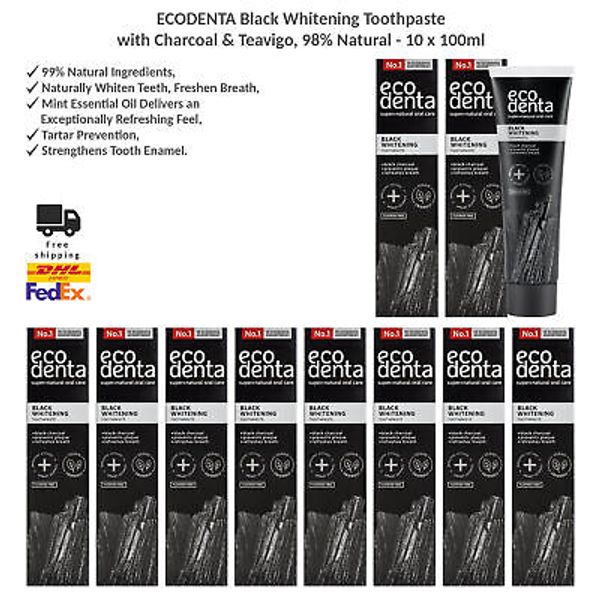 ECODENTA Black Whitening Toothpaste with Charcoal & Teavigo 98% Natural 10x100ml