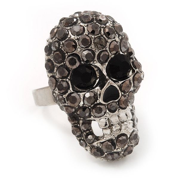 Avalaya 30mm L/Black Crystal Skull Ring/Rhodium Plated/Adjustable