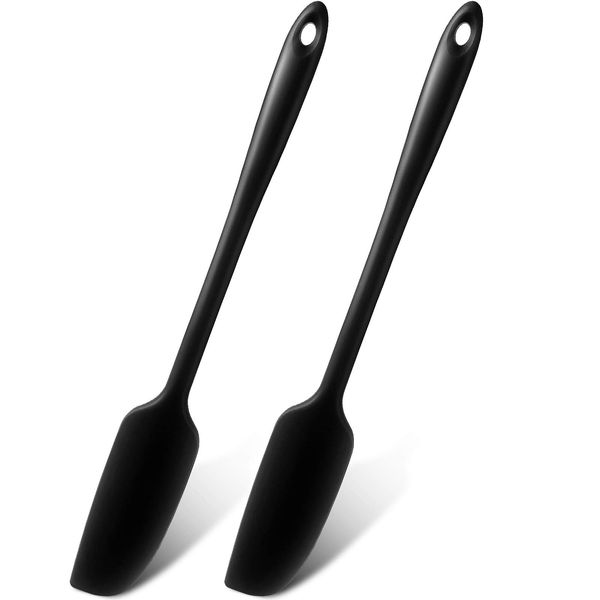 Patelai Long Handle Silicone Jar Spatula Non-Stick Rubber Scraper Heat Resistant Spatula Silicone Scraper for Jars, Smoothies, Blenders Cooking Baking Stirring Mixing Tools (2, Black)