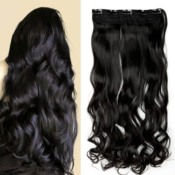 S-noilite Fashion One Piece Clip in Hair Extensions Half Full Head 5 Clips Curly Wavy Hairpiece 24 Inches(60cm)- Natural Black