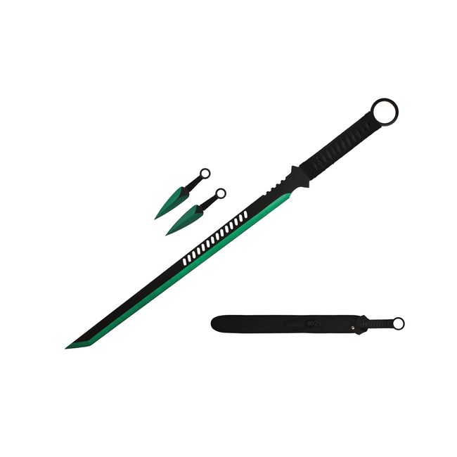 Wartech K1020-65-GR 440 Stainless Steel Full Tang Blade Ninja Hunting Machete Sword with Throwing Knives (2 Piece), 27", Green