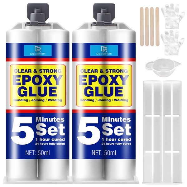 2K Epoxidkleber 100ml, 5 Minuten Kraftkleber - Transparent 2 Komponenten Epoxidharz Kleber Extra starker Klebstoff zum Kleben und Versiegeln von Metall, Kunststoff, Holz, Glas, Stein, Keramik