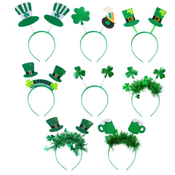 Zienlay 8Pcs St. Patrick's Day Headbands, Green Shamrock Clover Hats Headband Boppers, Saint Patricks Day Irish Headwear Costume Accessories Top Hat Head Band Bopper Party Favors for Women Men Kids