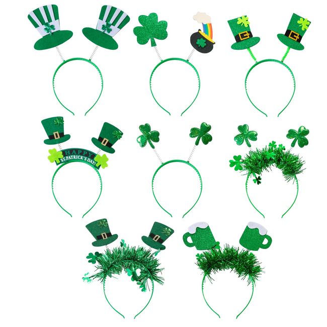 Zienlay 8Pcs St. Patrick's Day Headbands, Green Shamrock Clover Hats Headband Boppers, Saint Patricks Day Irish Headwear Costume Accessories Top Hat Head Band Bopper Party Favors for Women Men Kids