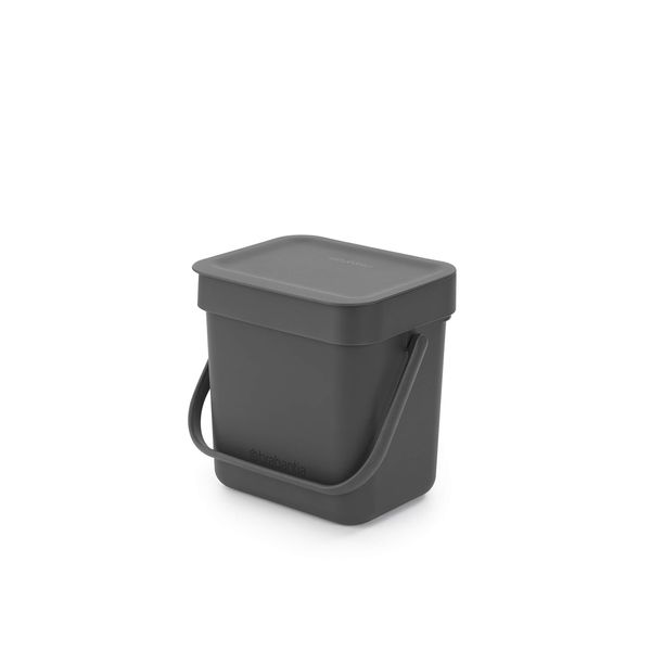 Brabantia Sort & Go Food Waste Bin 3L, Small Countertop Kitchen Compost Caddy with Handle & Removable Lid, Easy Clean, Grey