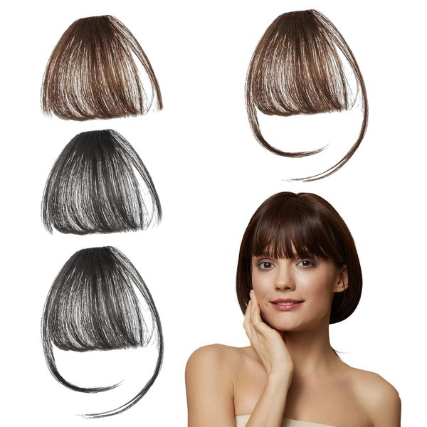 VIDSTW 4 Stück Clip in Pony 100% Remy Echthaar Fringe Bangs Haarverlängerungen, One Piece Human Hair Pony Haarteil, Clip in Bangs mit Schläfen, Tägliche Tragen für Mädchen Frauen, Schwarz, Hellbraun