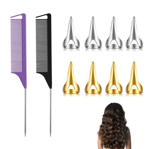10 Pcs Hair Braiding Tools, Hair Parting Tool Set with 2 Tail Combs and 8 Stitch Braid Tool Finger Parting Rings Steel Pintail Comb Cutting Rat Tail Combs Hair Braiding Tool for Women and Men