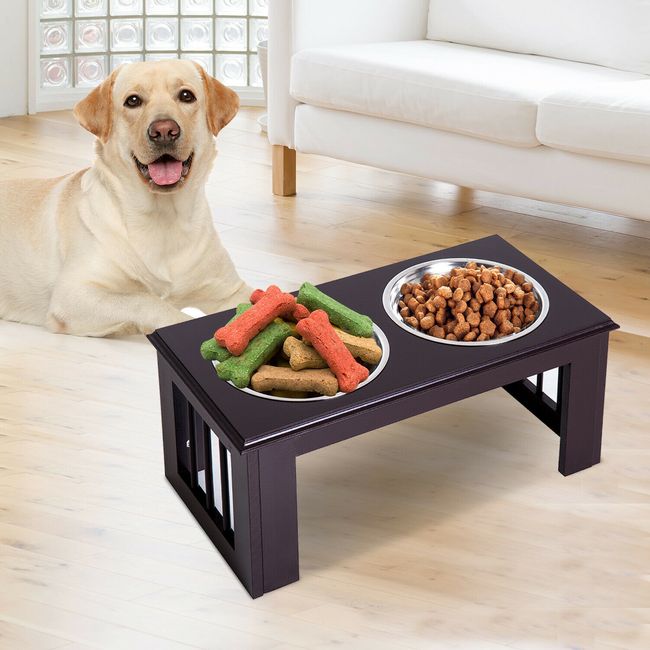 Double Bowl Wooden Stand Pet Feeder Elevated Base Cat Puppy Bowl
