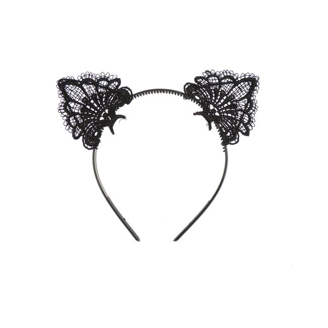 Womens Girls Fancy Dress Up Party Role School Play Cosplay Costume Christmas Hen Do Halloween Deely Deeley Bopper Animal Nativity Headband Hairband Hair Alice Band Fabric Lace Black Cat Ears