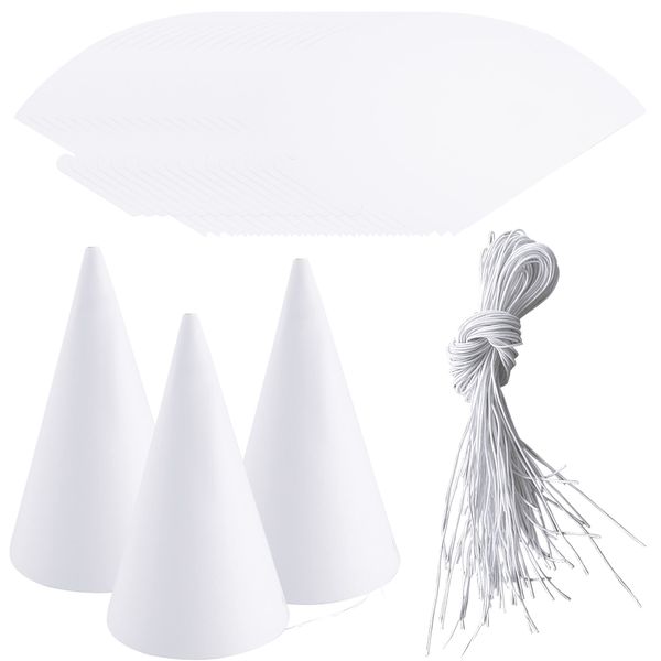 Haconba 60 Pieces White Party Cone Hats Plain Birthday Paper Cone Hats with Elastic Rope for DIY Craft Birthday Thanksgiving New Year Party Supplies