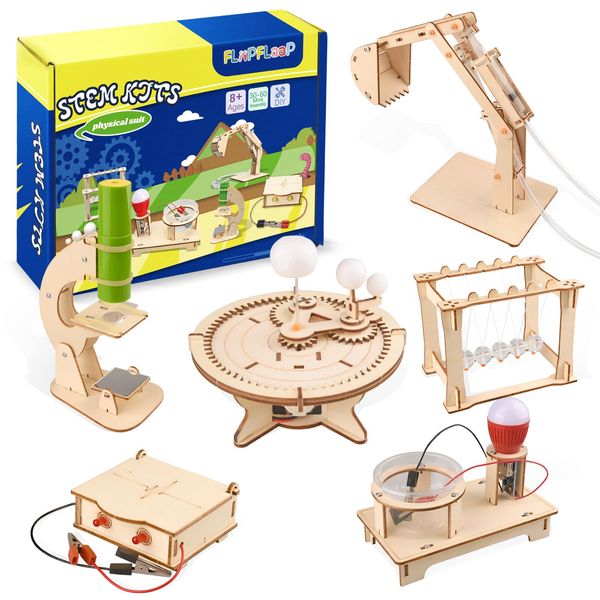 6-in-1 STEM Science Kits for Kids, STEM Kits for Kids Ages 8-10, STEM Engineering Toys for Boys and Girls, Wooden Building Crafts Kits Science Experiment Projects for Kids Birthday Gifts for Age 8-12