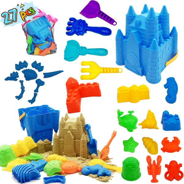 Beach Sand Toys for Kids, 27pcs Beach Toys Castle Molds Sand Molds, Beach Bucket, Beach Shovel Tool Kit, Sandbox Toys for Toddlers, Beach Accessories Outdoor Indoor Play Gift 1 Bonus Mesh Bag