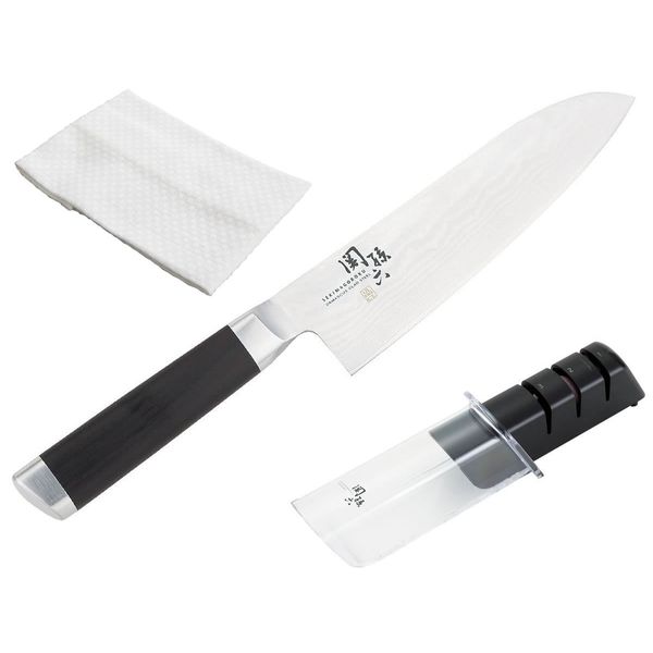 Kai Seki Magoroku Damascus Santoku 6.5 inches (165 mm) AE-5200 & Sharpener AP-0308 & Dish Towel Set