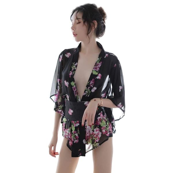 SINGUYUN Japanese Kimono Lingerie For Women Print Dress Pajamas Cosplay Lingerie Set Sexy, Wwa9075black, One Size