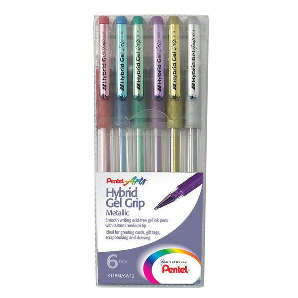 Pentel Hybrid Gel Grip Rollerball Pen 0.6mm Tip 0.3mm Line Black pkg of 6 Assorted Metallics