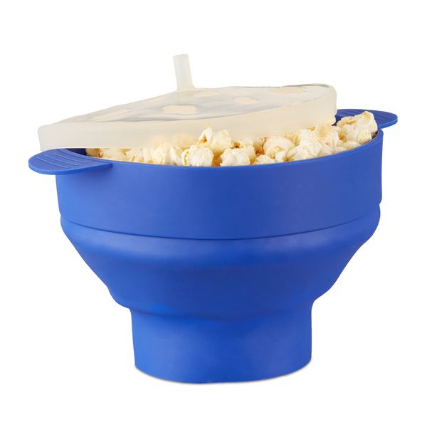 Relaxdays Popcorn Maker Silikon für Mikrowelle, zusammenfaltbarer Popcorn Popper, Zubereitung ohne Öl, BPA-frei, blau, 25.5 x 25.5 x 14.5 cm