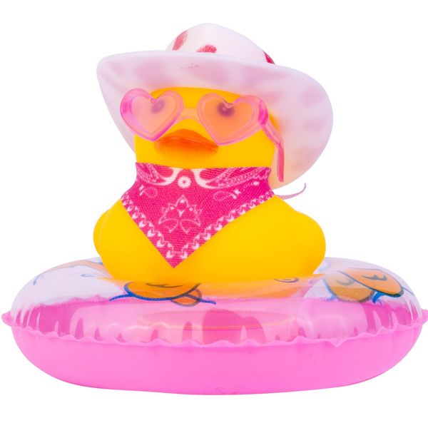 MuMyer Cowboy Car Rubber Duck Yellow Duck Dashboard Decoration Cool Duck Car Ornaments with Mini Cowboy Hat Scarf Sunglasses Swim Ring(Pink&White)