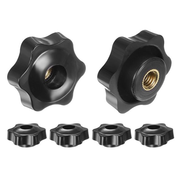 sourcing map 6pcs Star Knobs M8 Female Thread 38mm 6-Point Plastic Head Brass Insert Through Hole Screw-in Threaded Hand Knob Clamping Handle, Black