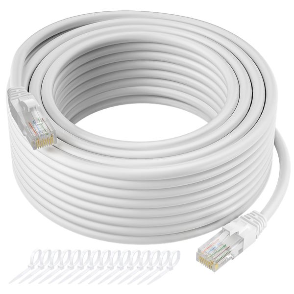 Cat5e Ethernet Cable 50 FT, Long Cat 5e Internet Cable, White Snagless Patch Cord, Flexible, Network, LAN, PoE, Standard RJ45 Connector for PC, Server, Router, Modem, TV, PS5 - with 15 Cable Ties