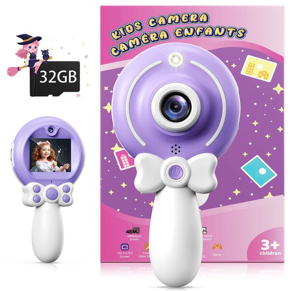 TEKFUN Kids Camera Toy for Girls Age 3-9, Magic Wand with Bow Handheld Camera, Portable 1080P HD Video Selfie Digital Camera with 32GB SD Card, Christmas Birthday Gifts for Toddler, Purple