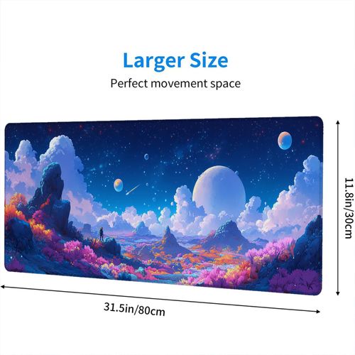 Fantasy Landscape Desk Mat Gaming Mouse Pad 31.5 x 11.8 Inch Sky Moon Planets Flowers Clouds Extended Gaming Mouse Pad Mat with Stitched Edge Non-Slip Base Big Mouse Pad