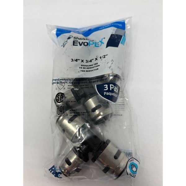 ( 3 Pack ) SharkBite EvoPEX   3/4"x3/4"x 1/2" Reducing Tees Push-Fit PEX CPVC 