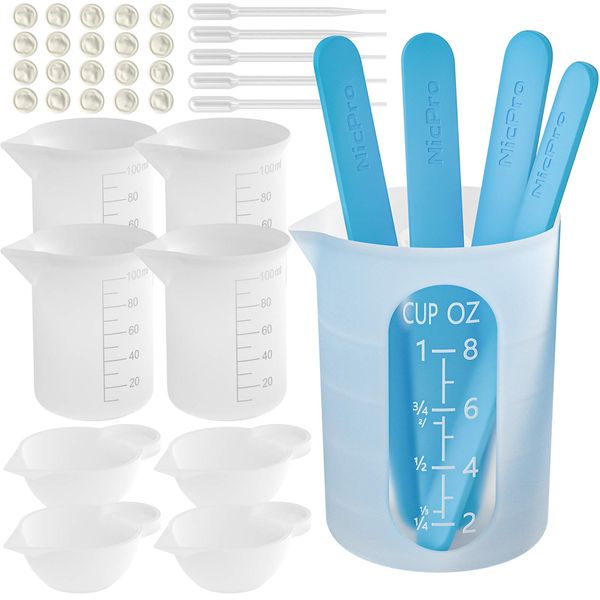 Nicpro Silicone Measuring Cup Tool Kit 250 & 100ml Measuring Cups Silicone Popsicle Stirring Sticks Pipettes Epoxy Mixing Finger Sack Mold for Jewelry Making and Waxing Easy Care