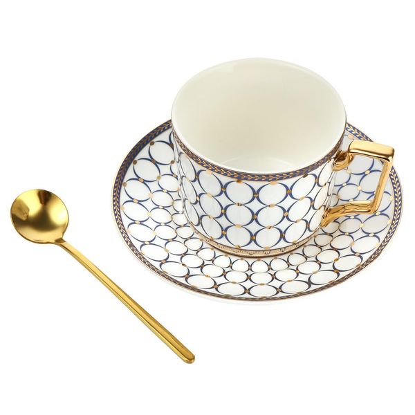 European Style Cup Tea Cup and Saucer Set,8.5oz/250ml Bone China Coffee Tea Cups with Saucer and Golden Spoon (White)