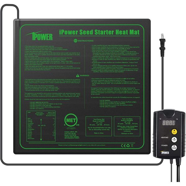 iPower 20" x 20" Warm Hydroponic Seedling Heat Mat and Digital Thermostat Control Combo Set for Seed Germination, Black