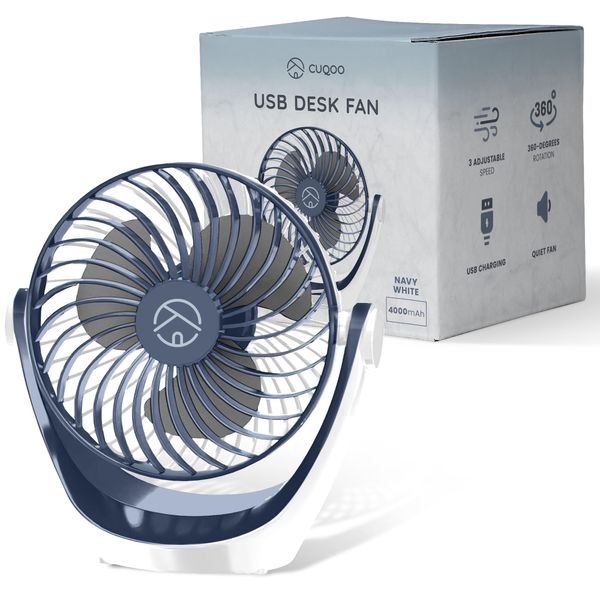 CUQOO Powerful USB Desk Fan - Mini Desk Fan with 3 Speed Settings - 360° Rotatable USB-Powered Silent Desk Fan - Powerful and Lightweight Small USB Fan for Desk, Home Office and Travel - Navy/White