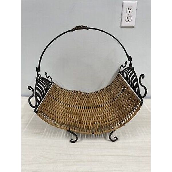 Vintage Rattan Wicker Firewood Fireplace Log Holder Carrier 17"w x 17"t  x 14"d