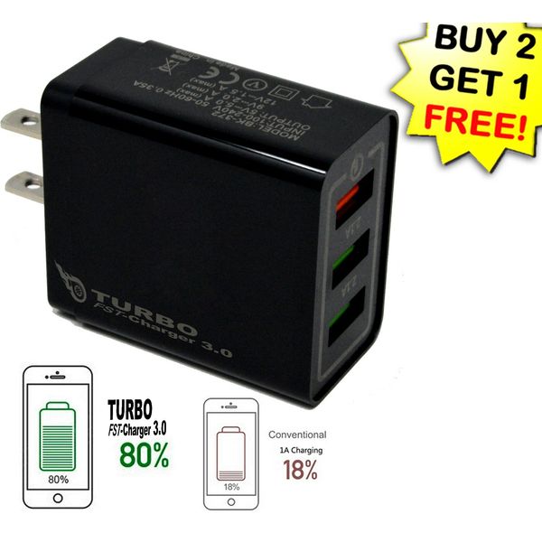 USB Fast Quick Triple wall Charger 18W / 5V.12V / 3.5A for Android/iPhone Black