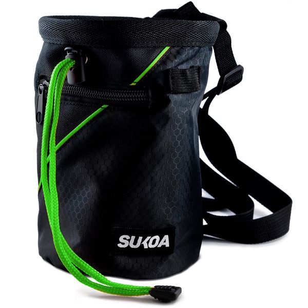 Sukoa Chalk Bag for Rock Climbing - Bouldering Chalk Bag Bucket with Quick-Clip Belt and 2 Large Zippered Pockets - Rock Climbing Gear Equipment (Green)