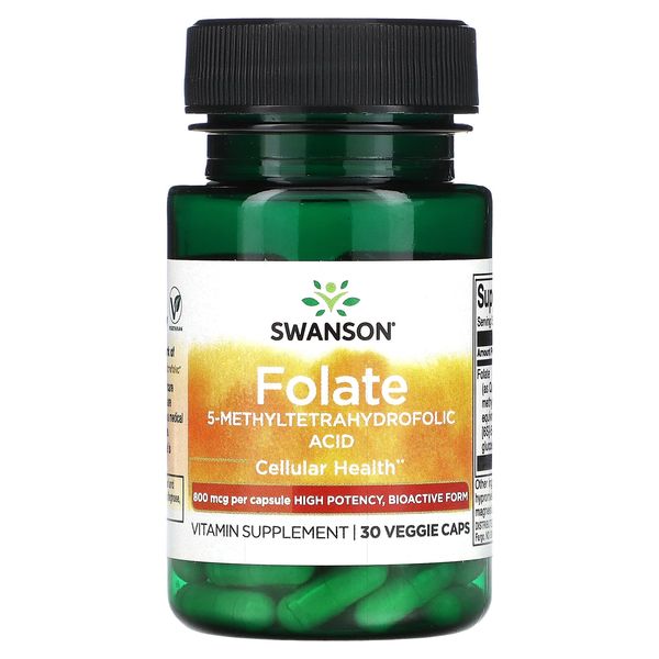 HK Mall Swanson Folate 5-Methyltetrahydrofolic Acid 400 mcg 30 Veggie Caps, 800 mcg, 800 mcg