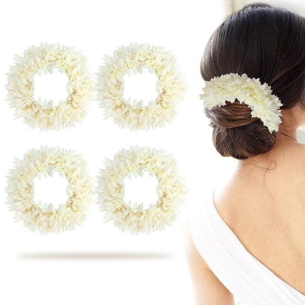 ZAINY 4 Pack Mogra White Gajra Hairband for Women, Artificial Scented Jasmine Flower Hairbun, Mogra Gajra Rubber Band, Reusable Traditional Veni, Hair Accessories Bun, Bracelet, Juda and Wedding 4 PCS