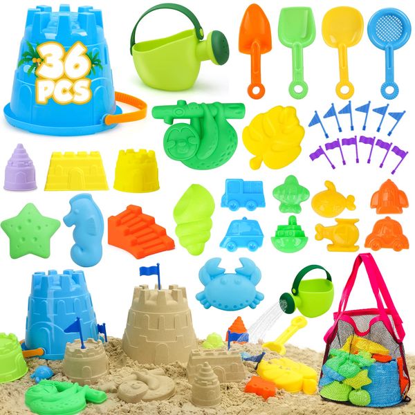 TOY Life 36Pcs Kids Beach Toys - Toddler Sand Toys Sandbox Toys with Beach Bucket Shovel Set, Sieve, Sand Castle Molds Kit, Animal Molds, Mesh Bag, Sand Castle Toys Travel Beach Toys for Kids