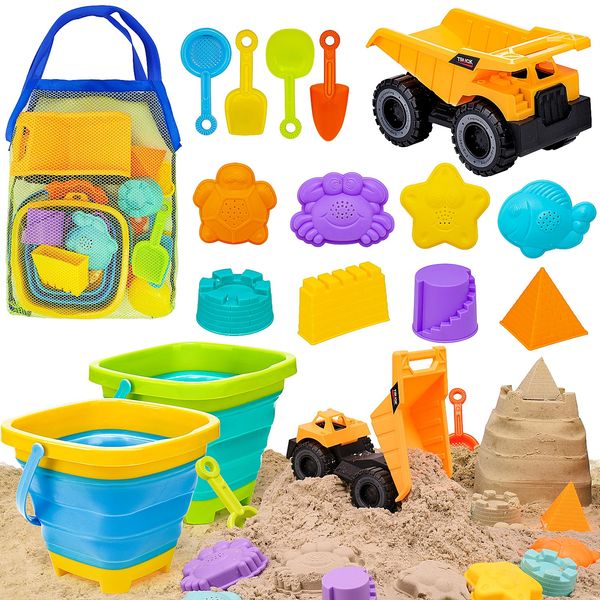 AuntyFey Beach Sand Toys for Toddler 1-3 with Beach Sand Trucks, 2 Collapsible Beach Toys for Kids Ages 4-8, Sandbox Toys for Toddler, Collapsible Beach Sand Buckets with Castle Sand Molds Shovels