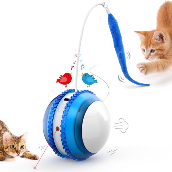 AIPERRO Cat Laser Toy Ball, Innovative Interactive Cat Toys for Indoor Cats, USB Rechargeable Automatic Rolling Cat Toy with Fluffy Tail, Exercise Toys for Bored Indoor Adult Cats Kittens, Blue/White