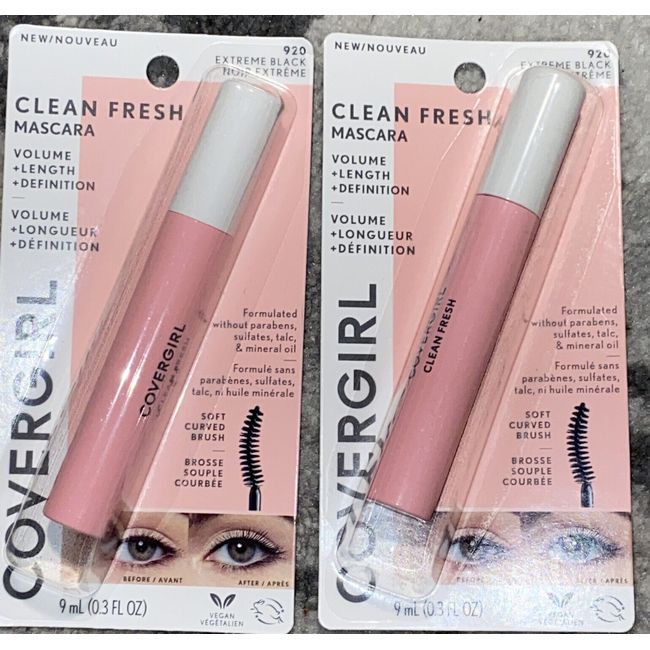 2 x COVERGIRL Clean Fresh Mascara 920 EXTREME BLACK New SEALED Volume Definition