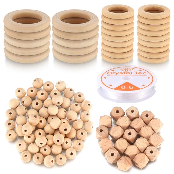 110 Pcs Macrame Wooden Beads and Rings Set, Including 30 Pcs 35mm/50mm Macrame Wooden Rings Circles for Crafts, 60 Pcs Wooden Balls with Hole, 20 Pcs Wooden Octagonal Beads, 1 x 0.6mm Elastic Thread