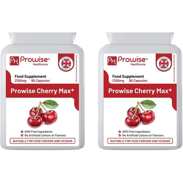 Cherry Max+ (Pack of 2) 2100mg Montmorency Cherry Added with Black Cherry I 90 Vegan Capsules High Strength I Made in The UK by Prowise Healthcare