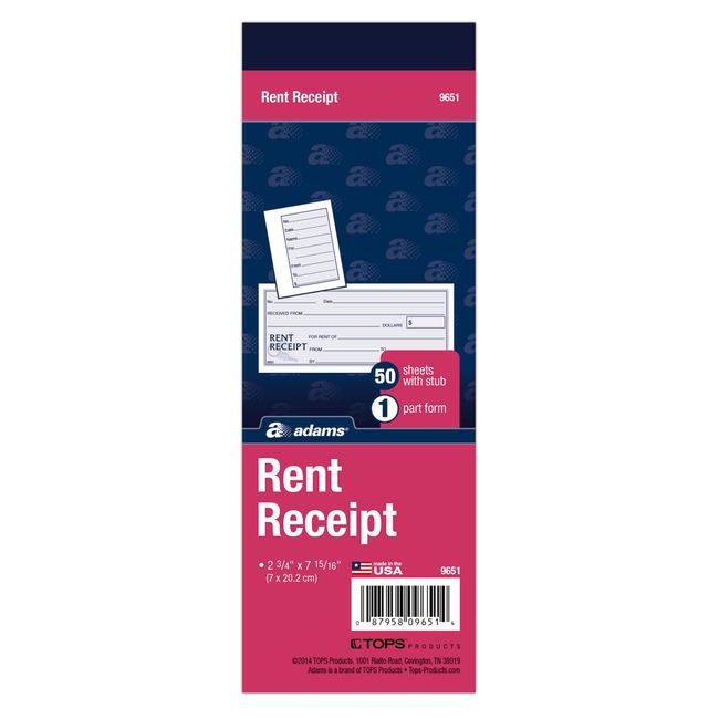 Adams Rent Receipt Book, 1-Part with Tear-Off Stub, 2-3/4 x 7-15/16 Inches, 50 Receipts per Book (9651ABF)